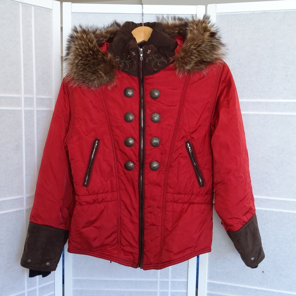 M.Miller red embroidered military ski snow jacket hooded with fur